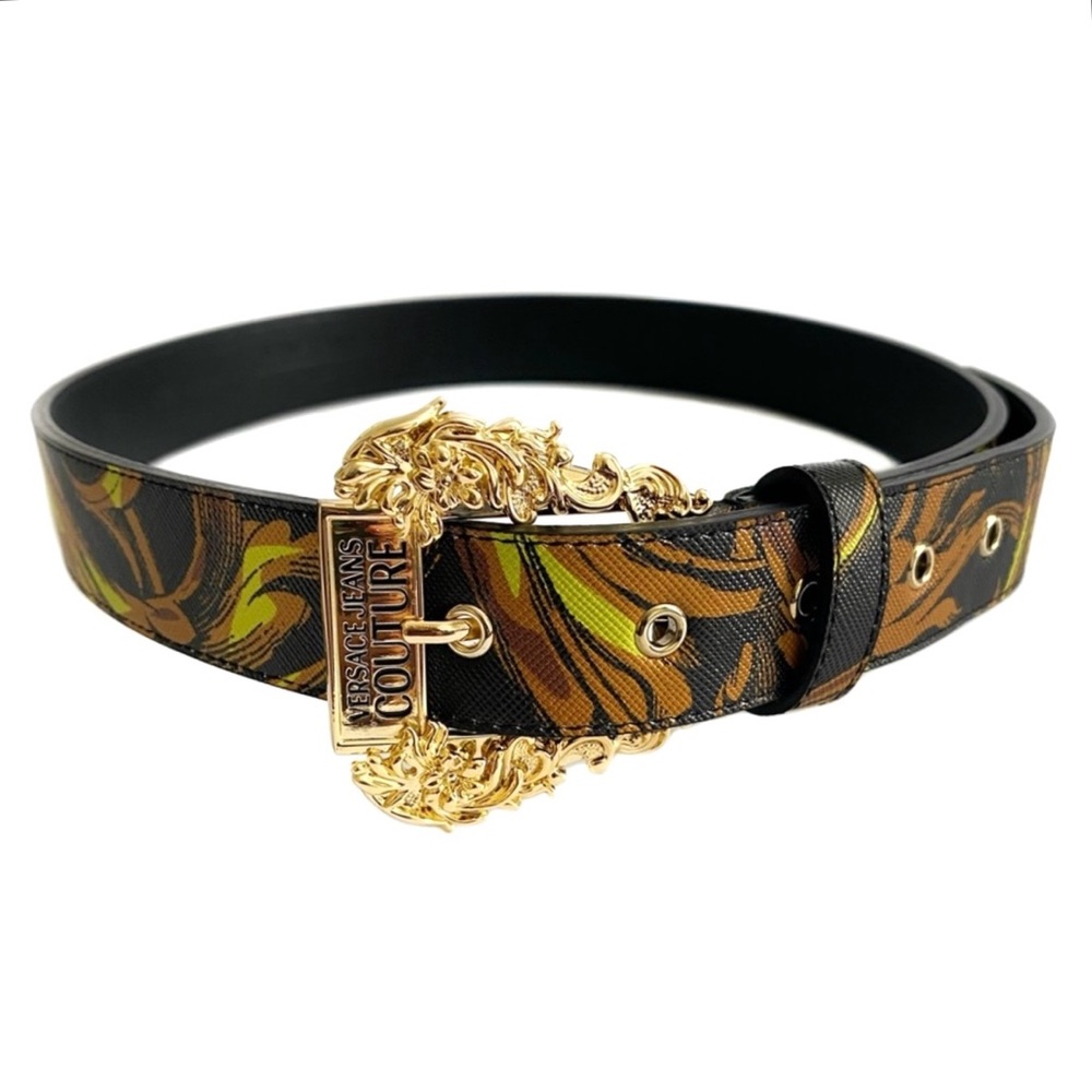 VERSACE JEANS COUTURE Black Gold Buckle Signature Print Leather Belt NWT